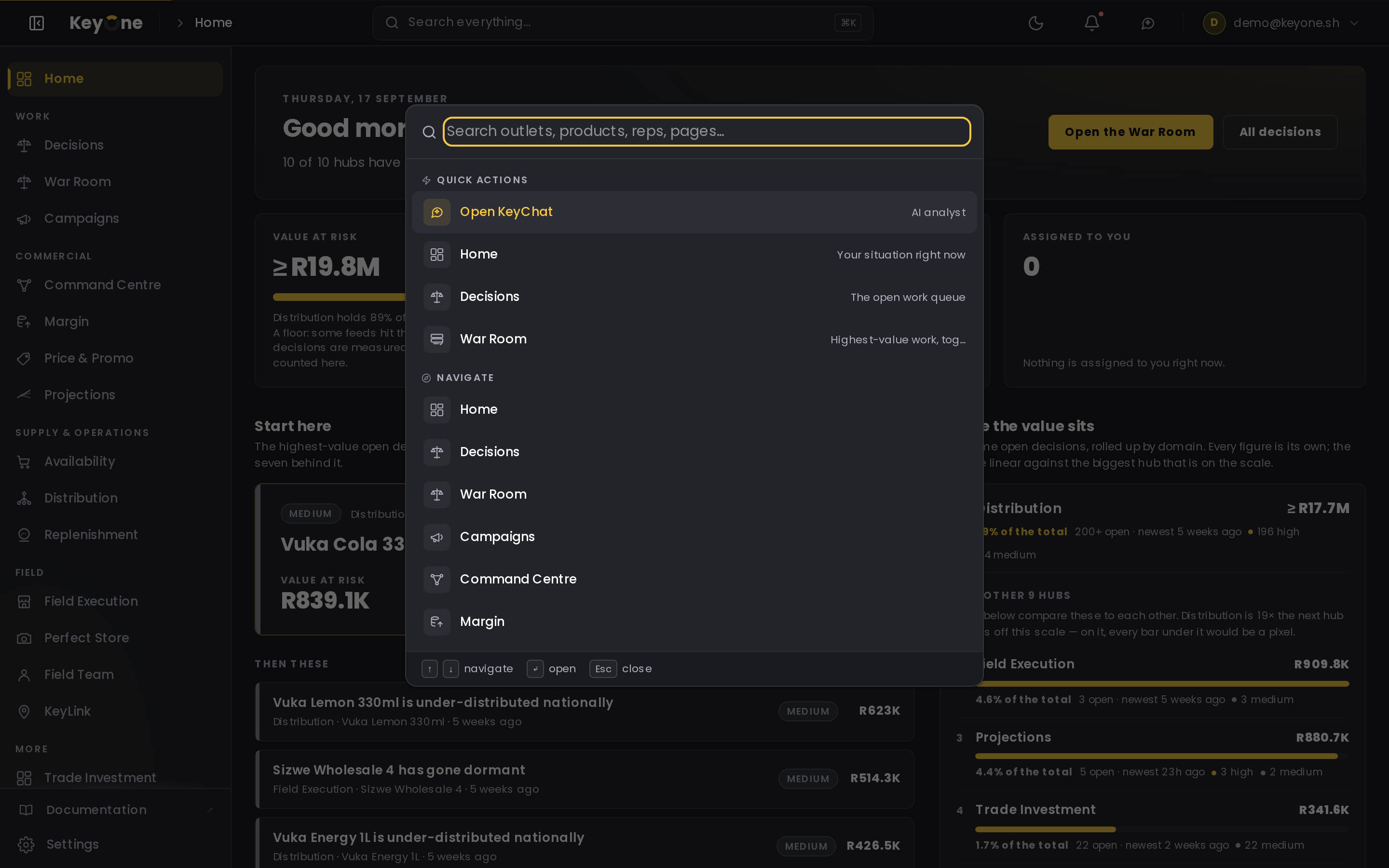 KeyOne's Replenishment hub — fill rate, a reorder priority ranking, and the command palette open with quick actions including Open KeyChat
