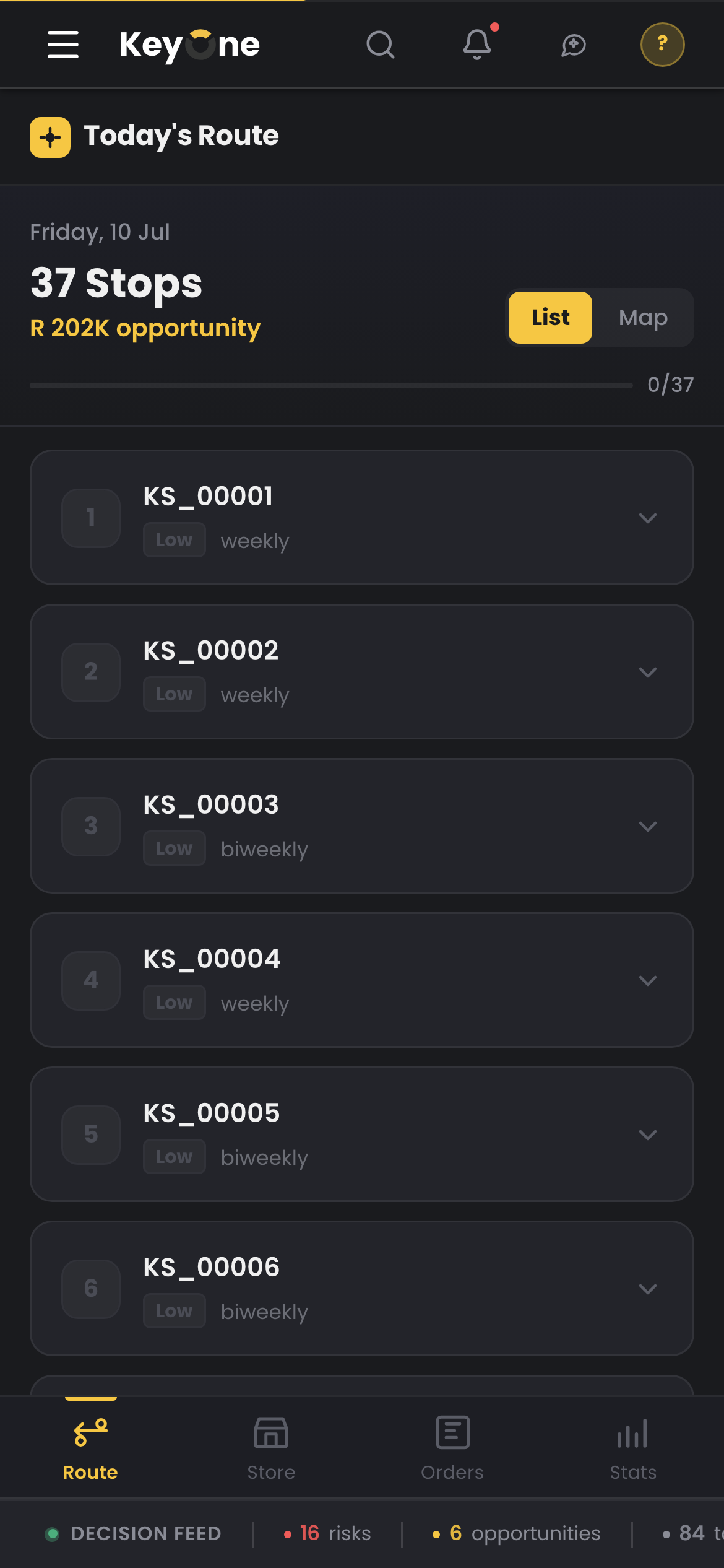 KeyLink on mobile — your stores for the day, in visit order, with a map overview The KeyLink route screen on a phone