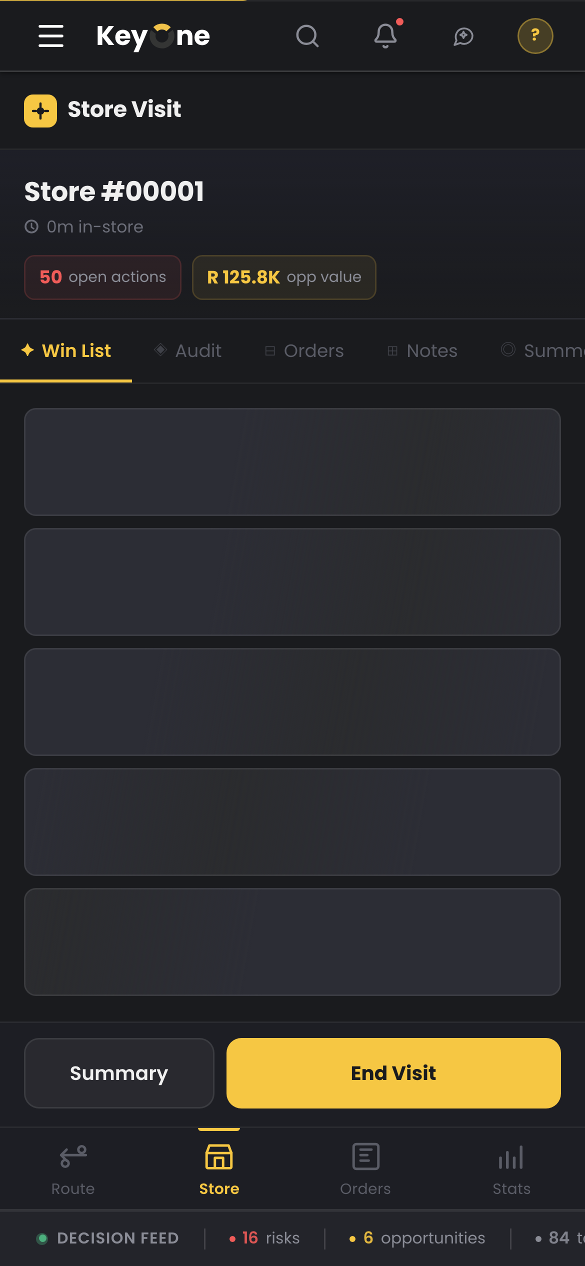 KeyLink on mobile — work the Win List, run an audit, place orders, leave notes, then wrap up The KeyLink store screen on a phone
