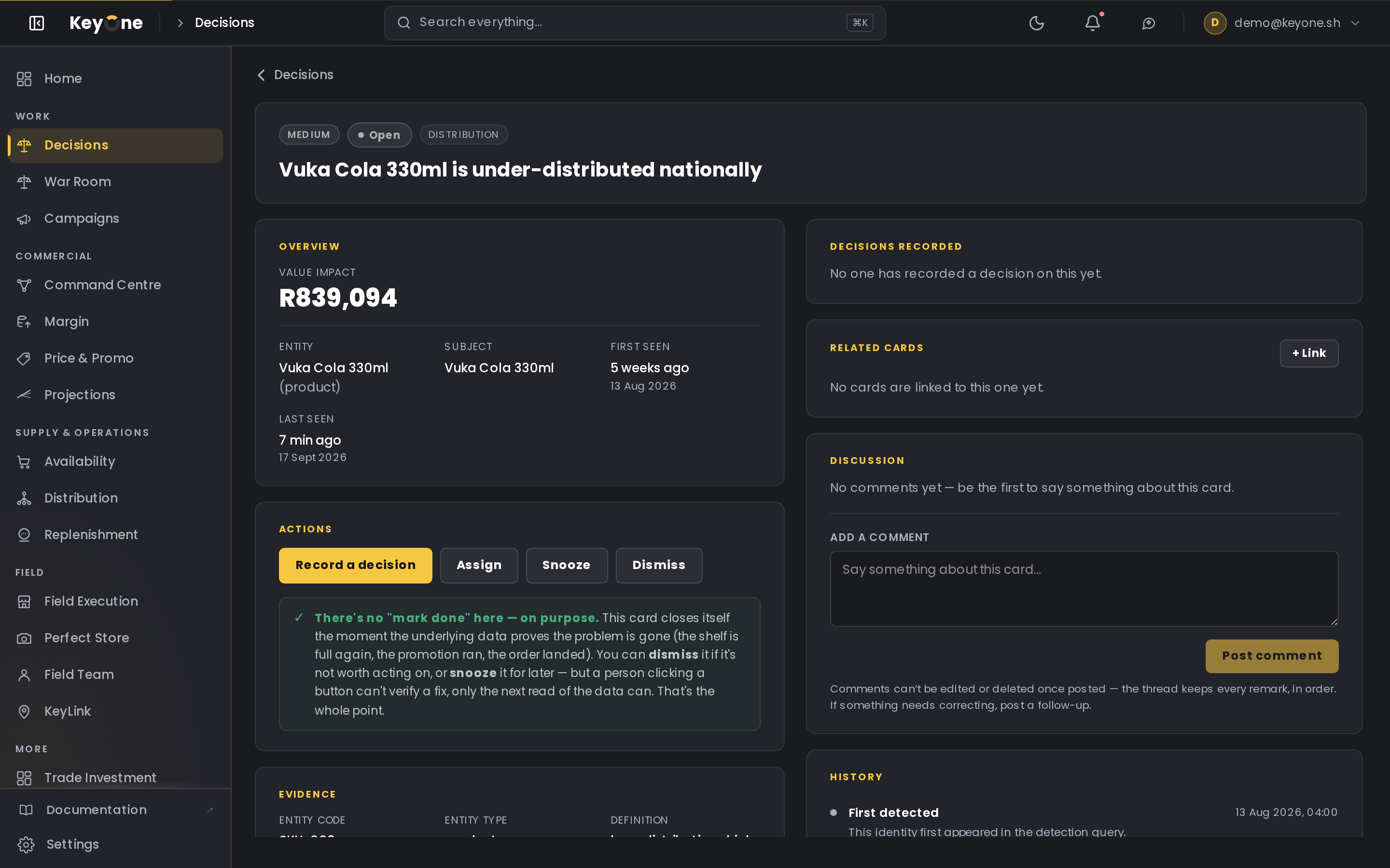 A KeyOne decision detail: a distribution gap for Vuka Cola 330ml, MEDIUM severity, with its value impact, entity evidence, and why there’s no "mark done" button